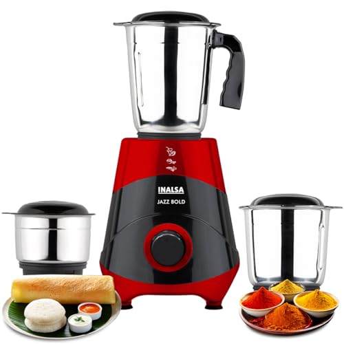 INALSA Mixer Grinder|500W Powerful Motor|High RPM 21000 for Finer Grinding Result|3 Stainless Steel Jars (1.2 L,0.8 L,0.4 L)|Leak-Proof Lid|3 Speed Co
