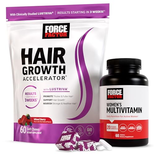 Force Factor Hair Growth Accelerator Soft Chews, Lustriva & Biotin to Promote Thicker, Stronger, Fuller Hair, Hair Growth Vitamins for Women, Clinically Studied + Women's Multivitamin with Iron, 60ct