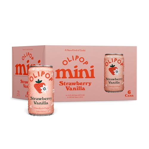 OLIPOP Minis Prebiotic Soda Pop, Strawberry Vanilla, Pantry Pack Packed with Prebiotics, Fiber, and Botanicals, Gluten Free, Vegan, GMO Free, 7.5oz (6-Cans)