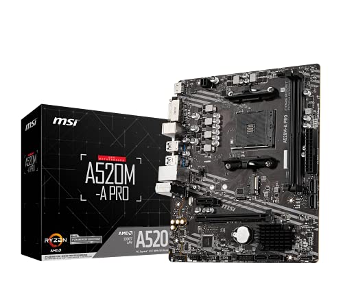 MSI A520M-A PRO V1 Gaming Motherboard (AMD Ryzen 5000, AM4, DDR4, PCIe 3.0, SATA 6Gb/s, M.2, USB 3.2 Gen 1, DVI/HDMI, Micro-ATX)