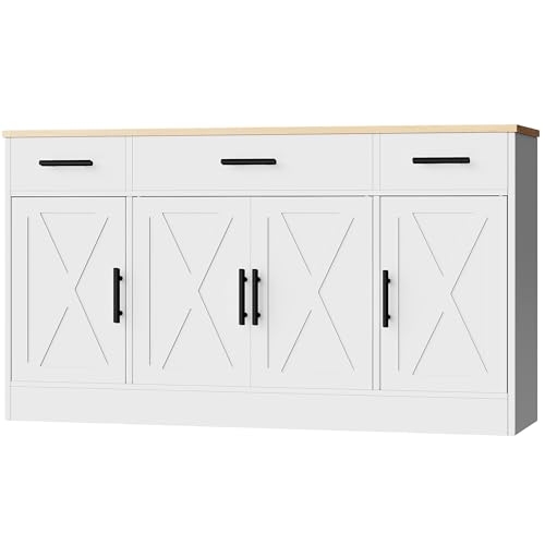 Shintenchi Buffet Cabinet with Storage,53.4" Large Kitchen Storage Cabinet with 3 Drawers and 4 Doors,Wood Farmhouse Buffet Sideboard with Adjustable Shelf for Kitchen Living Room