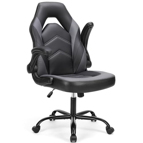 DUMOS Gaming Ergonomic Office Chair for Adults, Height Adjustable Computer Desk Chair with Flip-up Armrests, PU Leather Swivel Video Game Chair with 360° Rolling Wheels, Grey