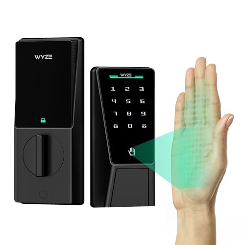 Wyze Palm Lock, Smart Door Lock with Palm Vein Recognition, Keyless Entry Smart Locks for Front Door, Keypad, Auto Lock, Dual Battery, Wi-Fi, Works with Alexa & Google, BHMA, IP53, Mechanical Key