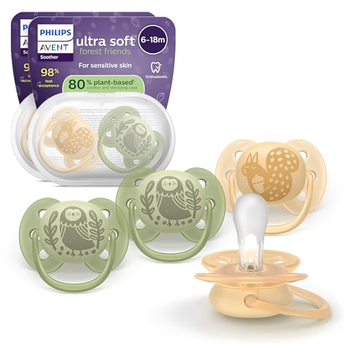(-27%) Philips Avent ultra soft Schnuller – kiefergerecht geformtes Design, für Babys, 6–18 Monate, flexibles Saugerschild, symmetrischer Silikonsauger, BPA-frei, 2 Sterilisationsbehälter, 4 Pack, SCF091/52