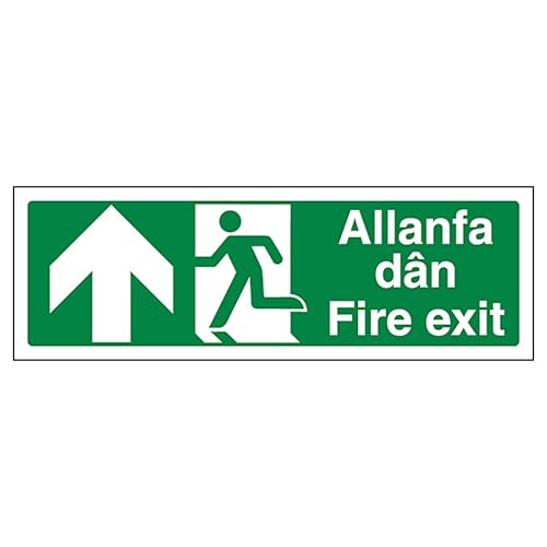 V Safety Welsh/English - Fire Exit Arrow Up 450 x 150 mm - Self Adhesive Vinyl Safety Sign