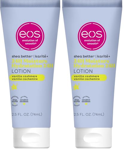 eos 24H Moisture Travel Body Lotion- Vanilla Cashmere, Travel Size Essential, Toiletries, Mini Body Lotion For Dry Skin, 2.5 fl oz (Pack of 2)