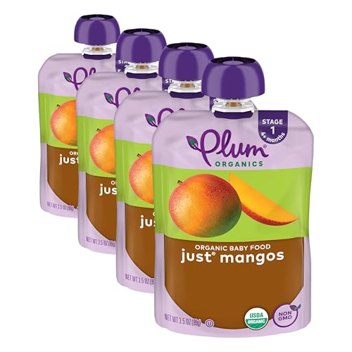 Plum Organics Stage 1 Organic Baby Food - Just Mangos - 3.5 oz Pouch - Organic Baby Food Pouch (Pack of 4) Mangos Pack of 4