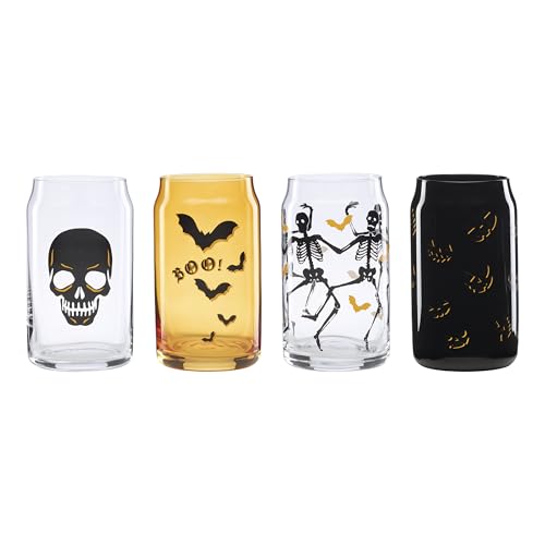 Oneida Barware, Vintro Halloween Cooler Glasses, Set of 4, Dishwasher Safe, Made of Glass, Spooky Drinking Glasses Set, Halloween Decor Indoor, Skeletons and Bats as Design (4 Piece, 16 Oz Capcity)