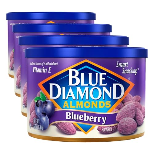 Blue Diamond Almonds, Classic Blueberry Flavored Sweet Snack Nuts perfect size for On-the-go, Lunch, Adults and Kids, 6oz Can (Pack of 4)
