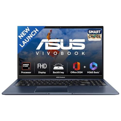 ASUS Vivobook 15, Smartchoice, AMD Ryzen 7 5825U, 16GB RAM, 512GB SSD, FHD 15.6", Windows 11, Office Home 2024, Quiet Blue, 1.7Kg, M1502YA-BQ703WS, AM
