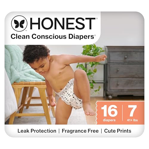The Honest Company Clean Conscious Diapers for Delicate Skin | Up to 100% Leakproof | Hypoallergenic, Fragrance Free | Pattern Play | Polybag, Size 7 (41+ lbs), 16 Count