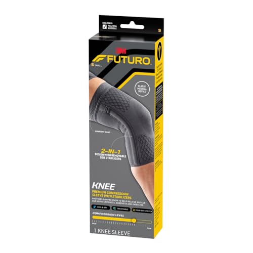 FUTURO™ Premium Compression Knee Sleeve with Stabilizers, Removable Stabilizers, Advanced Customizable Compression Sleeve, for Mild Arthritis, Swelling, Soreness, Sprains, and Strains Small