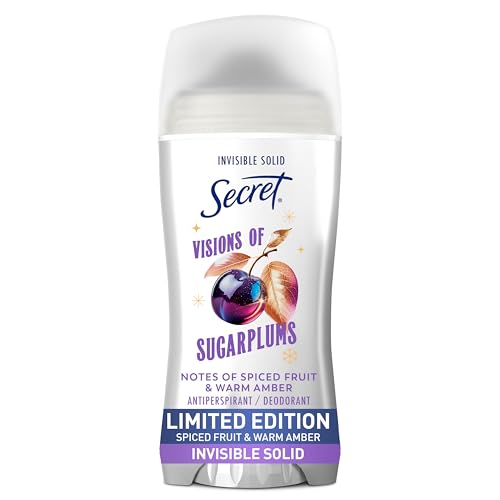 Secret Fresh Antiperspirant Deodorant for Women, 72hr Breathable Odor Protection with Pro-Hyaluronic Acid, Holiday Invisible Solid, Visions of Sugarplums with Spiced Fruit & Warm Amber Scent, 2.6 oz