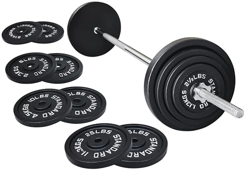 Fitvids Barbell Weight Set, Cast Iron 1" Standard Weight Plates Including 5FT Standard Barbell Bar & Star Locks, 95 Pounds Set (85 Lbs Plates + 10 Lbs Barbell Bar), Multiple Packages