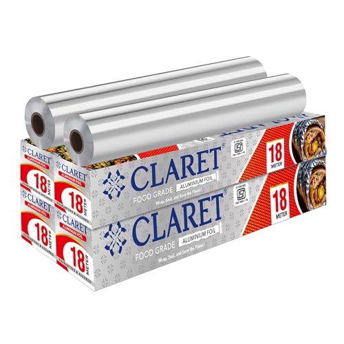 Claret Food Grade Aluminium Foil Roll | 18 Meter | Kitchen Foil for Wrapping Roti Snacks Tiffin | Durable and Hygienic Foil Paper (Pack of 4)