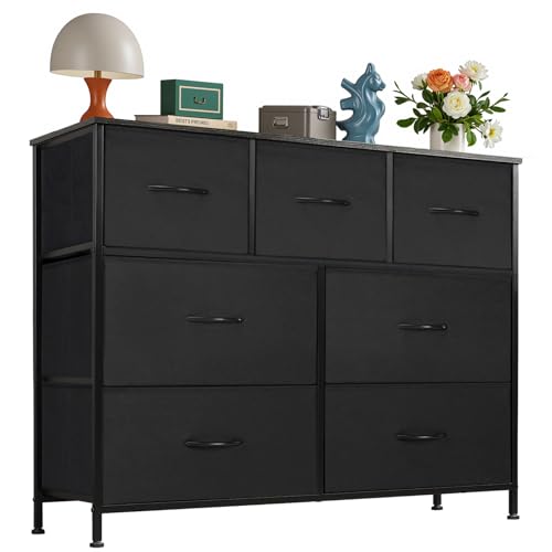 OLIXIS 7 Drawers Dresser for Bedroom, Fabric Storage Tower for Living Room, Entryway - Sturdy Steel Frame, Wooden Top & Easy Pull Fabric Bins, Closet Chests Organizer for Clothes, Black