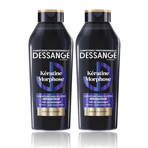 DESSANGE Shampooing Kératine Morphose Réparateur Cheveux Abîmés Lot 2x280ml | Sans sulfates, Acide hyaluronique, Reconstruit fibre profondeur, Renforce résistance & élasticité