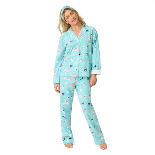 P.J. Salvage Women's Flannel Long-Sleeve Top, Pant and Headband 3-Piece Pajama Set, Turquoise, X-Large