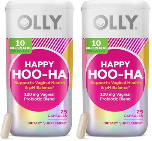 OLLY Happy Hoo-Ha Capsules, Probiotic for Women, Vaginal Health and pH Balance, 10 Billion CFU, Gluten Free - 25 Count (Pack of 2)