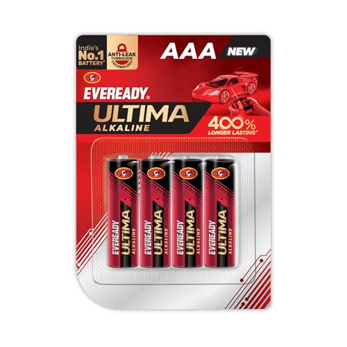 Eveready Ultima Alkaline AAA Battery, 400% Longer Lasting, Pack of 4 Anti-Leak Turbolock Technology, Eco-Friendly Batteries for High-Drain Devices Hou
