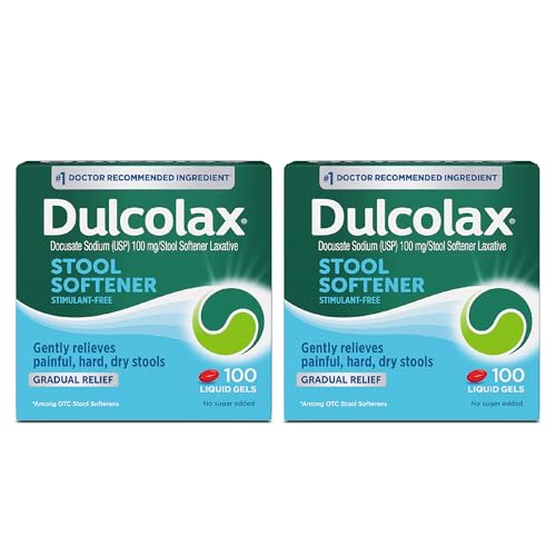 Dulcolax Stool Softener Laxative Liquid Gel Capsules, Gentle Constipation Relief for Hard, Dry Stools, Docusate Sodium 100 mg, 100 Count, 2 pk