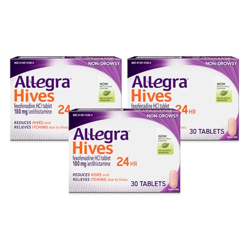 Allegra Hives Antihistamine 24-Hour Tablets, Non-Drowsy Hive Reduction and Hive Itch Relief, 180 mg Fexofenadine HCI, 30-Count, 3 pk