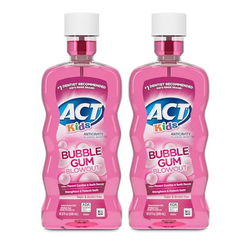 ACT Kids Anticavity Fluoride Mouthwash, Sugar & Alcohol Free Mouth Rinse Strengthens Teeth, Bubble Gum Blowout, 16.9 fl. oz., 2pk