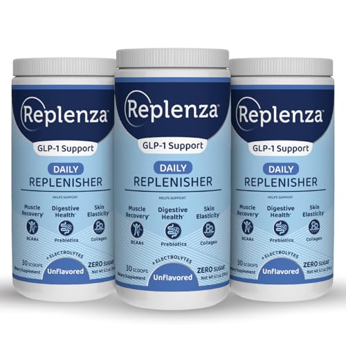 Replenza Daily Replenisher GLP-1 Nutritional Support, Powder, Muscle Recovery, Digestive Health & Skin Elasticity Mix of Amino Acids, Prebiotics and Collagen Peptides – Unflavored, 3 Pack