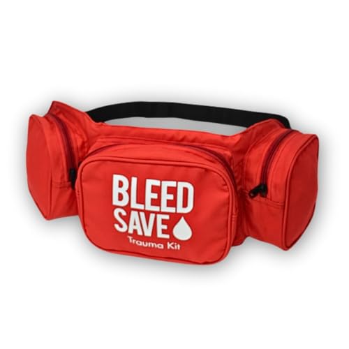 BLEEDSAVE Trauma Waist Bag – 600 D Water-Resistant Red ‘Trauma Kit’ Holdall with 3 Wide-Opening Pockets & Adjustable Belt | 570 × 190 × 80 mm Hands-Free Bleed-Control Carry Pouch