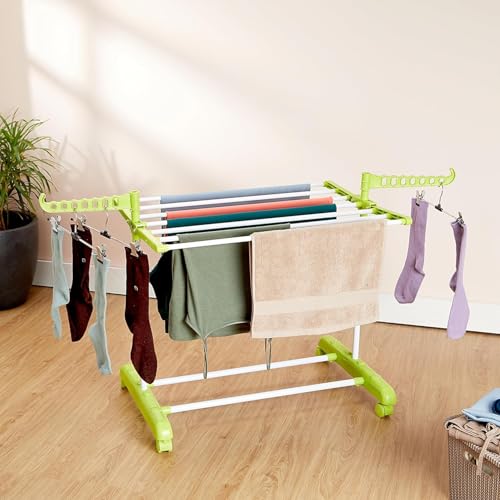 Amazon Brand - Solimo Premium Mild Steel Double Support Cloth Drying Rack | Foldable and Movable | Lightweight | White &amp; Green