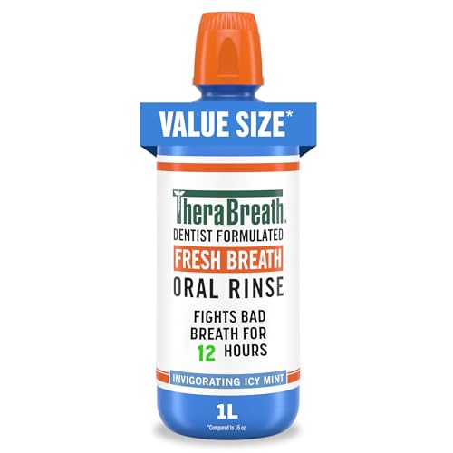 TheraBreath Fresh Breath Oral Rinse, Invigorating ICY Mint Flavor, Dentist Formulated and ADA-Accepted Mouthwash for Bad Breath pH-Balanced, Alcohol Free & Non-Burning, 1 Liter
