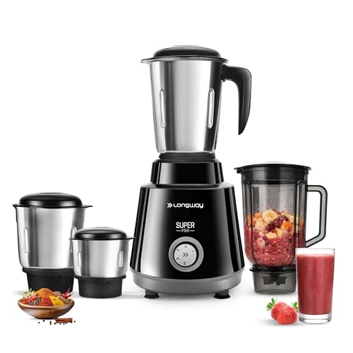 Longway Super Pro Juicer Mixer Grinder | Up to 750W Max Output Powerful Motor | 4 Jars for Grinding, Mixing, Juicing | 2 Year Warranty | Black & Gray