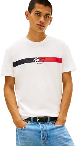 🔥 STARKER PREIS (-48%) Tommy Jeans Herren T-Shirt Kurzarm Signature Stripe aus Baumwolle, Weiß (Ecru), S