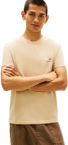 🔥 STARKER PREIS (-44%) Tommy Jeans Herren T-Shirt Kurzarm Slim Sign Chest mit Logo, Beige (Gentle Gold), XS