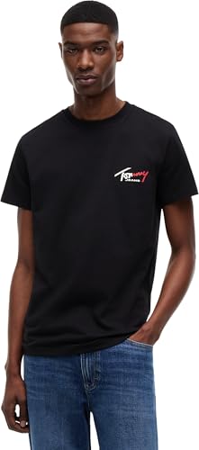 🔥 STARKER PREIS (-49%) Tommy Jeans Herren T-Shirt Kurzarm Slim Sign Chest mit Logo, Schwarz (Black), M