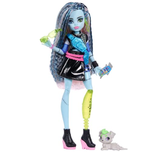 Monster High Doll, Frankie Stein in Cropped Sweater and Black Pleather Skirt with Pet Dog Watzie and 7 Accessories Like Earphones, Belt Bag and Snacks