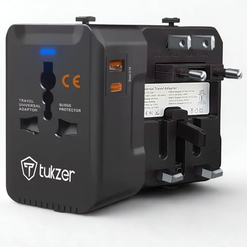 Tukzer Universal Travel Adapter with 20W Type C PD & 18W USB-A Output Port, Universal Plug Socket, All in One International Travel Fast Charging Adapt