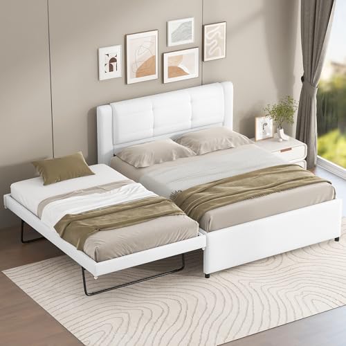 Merax Full Size Upholstery Platform Bed with Trundle,Trundle can be Flat or Erected, Modern Bed Frame with Linen Headboard for Kids, Adults, No Box Spring Needed, Beige