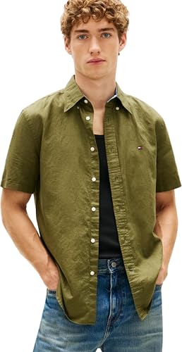 🔥 STARKER PREIS (-49%) Tommy Hilfiger Herren Hemd Linen Blend Solid Kurzarm, Grün (Dark Artichoke), S