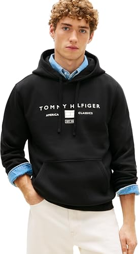 🔥 STARKER PREIS (-57%) Tommy Hilfiger Herren Hoodie Brand Love mit Bauchtasche, Schwarz (Black), S