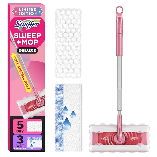 Swiffer Sweep and Mop Deluxe, Limited Edition Pink, 2-in-1 Floor Mopping and Sweeping Kit, Multi-Surface, Includes 1 Sweeper Device, 5 Heavy Duty Dry Sweeping Cloths, 3 Heavy Duty Wet Mopping Cloths