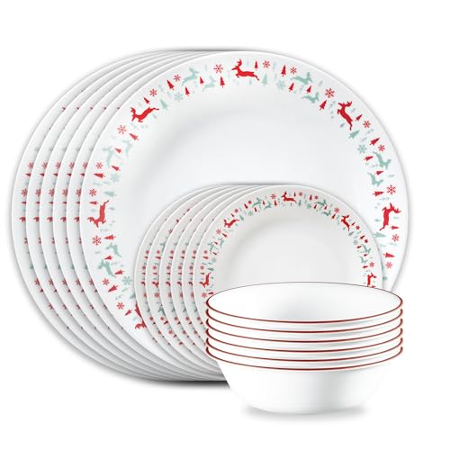 Corelle Vitrelle 18-Piece Christmas Service for 6 Dinnerware Set, Triple Layer Glass and Chip Resistant, Lightweight Round Holiday Plates and Bowls Set, Be Merry