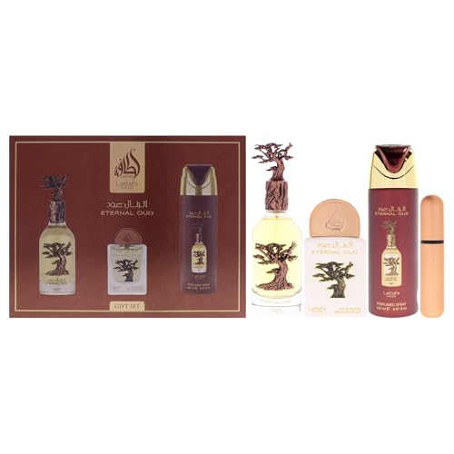 Lattafa Pride Eternal Oud 3-Piece Luxury Perfume Gift Set for Men & Women - Luxe Arabian Perfume | Lush Fruits, Powdery Florals & Smoky Oud | Opulent, Long-Lasting & Unisex Fragrance (Gift Set)
