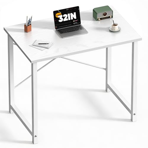 Sweetcrispy Computer Small Desk, 32 Inch Office Writing Work Study Kids Student Home Bedroom Table with Metal Frame Wooden Tabletop No Wheels - White Wood
