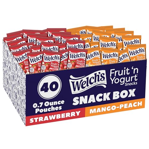 Welch's Fruit Snacks, Fruit 'n Yogurt Variety Pack, Strawberry, Mango Peach, Gluten Free, Bulk Pack, Single Serve, 0.7 oz Bags (Pack of 50)