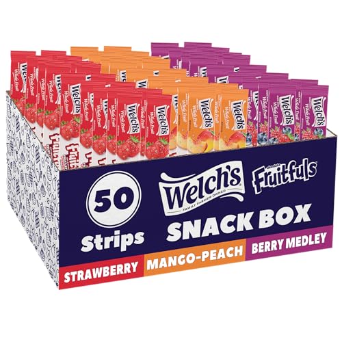 Welch's Absolute Fruitfuls Fruit Strips, Tasty Dried Fruit Snacks for School Lunches, Berry Medley,Mango Peach, Strawberry 0.5oz (Pack of 50)