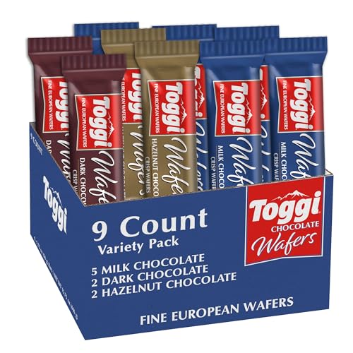 TOGGI Fine European Chocolate Wafers, Variety Snack Box, Milk Chocolate, Dark Chocolate, and Hazelnut (1.75 oz 9 Count)