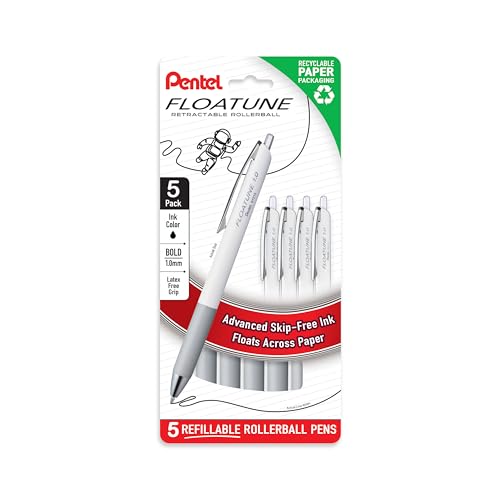 Pentel Floatune Retractable Rollerball, 1.0mm Bold Point, Black Ink, 5-pk (BY210PF5A)