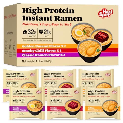 Healspot High Protein Instant Ramen Variety Pack, 6 Pack Non Fried Ramen Broth, 32g Plant Based Protein, Low Fat, Low Carb, Non GMO, Keto Friendly & Plant Based (Chicken, Beef, Pork Tonkotsu）