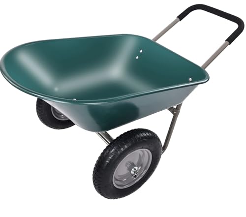 Wheelbarrow Garden Cart, Heavy Duty Home Utility, Dual-Wheel Home Garden Yard Utility Wheelbarrow Cart with Built-in Stand, Green